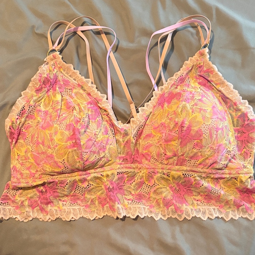 Aerie Floral Lace Bralette - Pink and Yellow